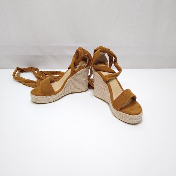 Tan Suede Espadrille Sz 7 Wedge Sandal Sexy Lace-up Ankle Strap Braided Platform - Picture 4 of 7